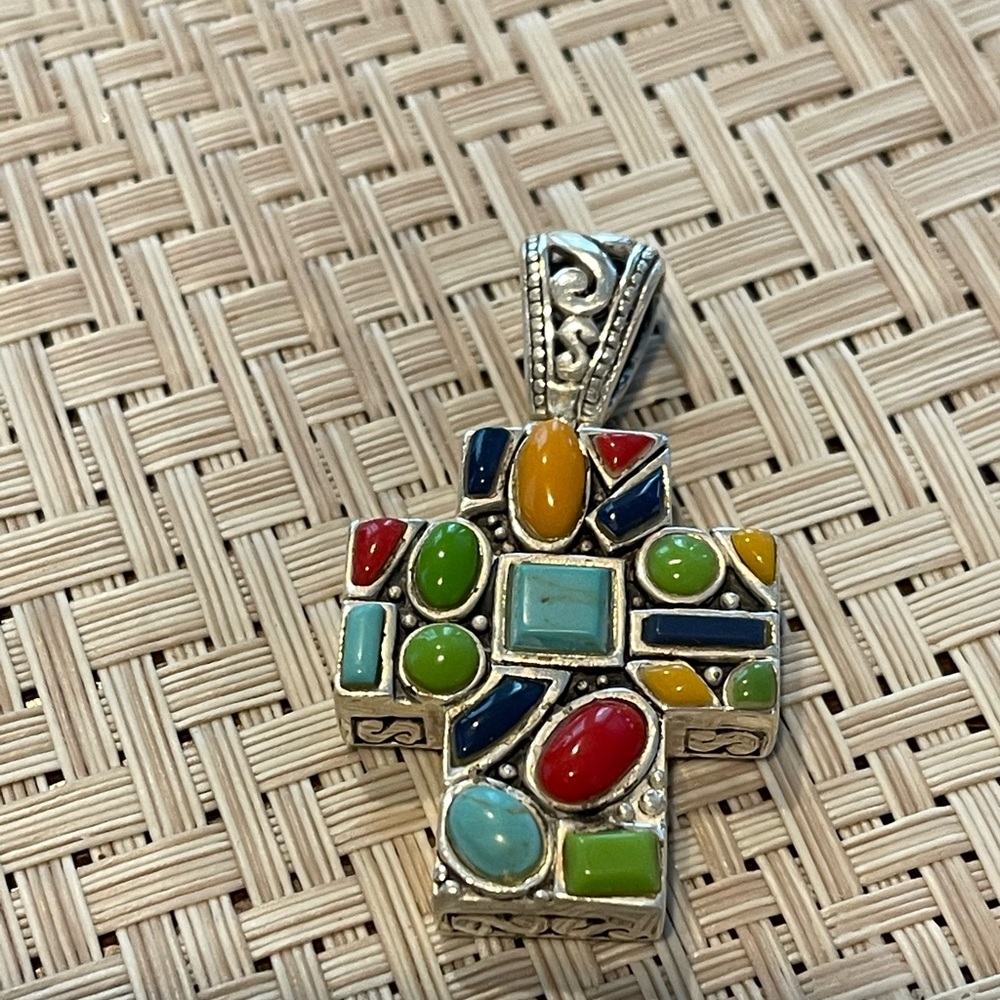 Vintage Mixed Turquoise Silver Cross
